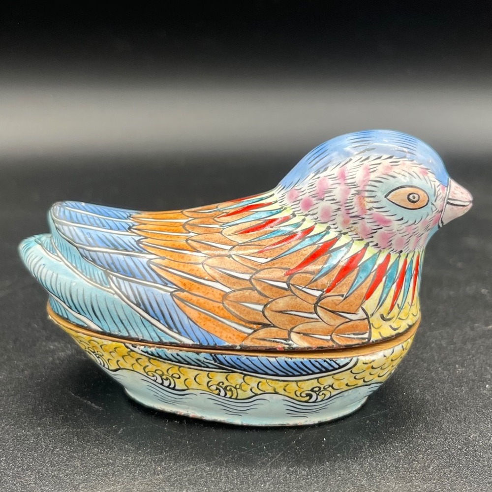 Vintage Chinese Hand Painted Enamel Brass Bird/Duck Trinket‎ Box
